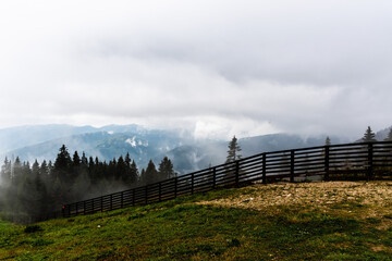 The ski slope from 1400 m in autumn season, Sinaia, Prahova valley, Romania. - obrazy, fototapety, plakaty