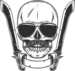 Skull in sunglasses with mustache and crossed machete sharp knife melee weapon of hunter in jungle. Black and white isolated illustration