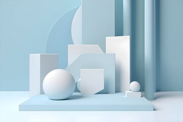 Abstract basic model of geometric bodies, cylinders, spheres in pastel blue with white color. Generative AI.