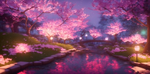Obraz na płótnie Canvas Beautiful glamourous Sakura flowers, street lamps, bokeh, night effect, bokeh light, beautiful background, shimmering lights