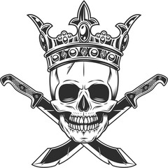 King skull in crown and machete sharp knife melee weapon of hunter in jungle. Black and white isolated illustration