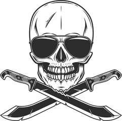 Skull in sunglasses and machete sharp knife melee weapon of hunter in jungle. Black and white isolated illustration