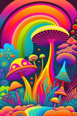 Naklejka na ściany i meble A Trip into the Magical Exotic: 60s Psychedelic Style with Hallucinogenic Shrooms on a Vibrant and Bold Abstract Background Art Illustration. Generative AI