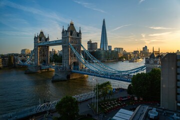 Scenic shot of the Tower Bridge and the city skyline in London, Europe during sunset
