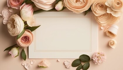 Romantic Rose Ranunculus Wedding Invitation: Blank Stationery Card with Fresh Flowers Bridal Flat Lay Frame: Generative AI