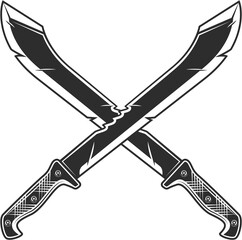Crossed machete sharp knife icon, melee weapon of hunter in jungle. Black and white isolated illustration