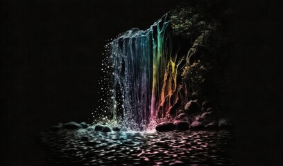  a waterfall with a rainbow colored waterfall cascading over it.  generative ai