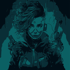 woman soldier with gun, girl soldier with a sword, vector, cyberpunk