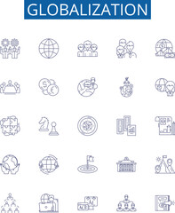 Globalization line icons signs set. Design collection of Internationalization, Integration, Liberalization, Convergence, Multinationals, Free Trade, Interdependence, Mobility outline concept vector - obrazy, fototapety, plakaty