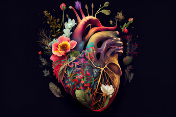 Human heart with flowers, love and emotion concept