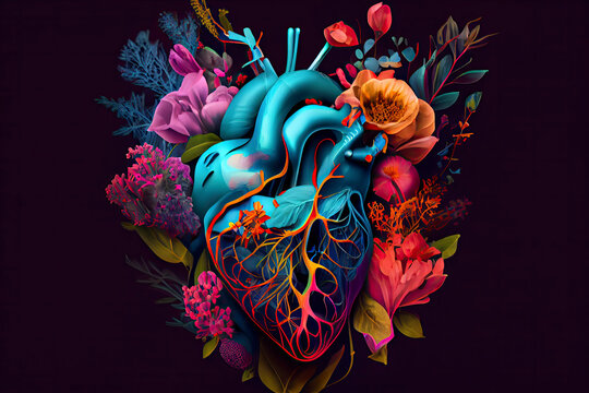 Human heart with flowers, love and emotion concept