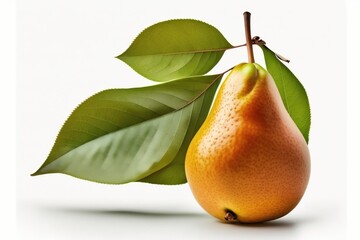 Ripe pear with a leaf, isolate on a white background. Macro studio shot. AI generated.