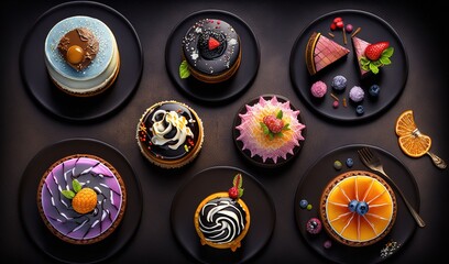  a table topped with black plates filled with different types of cakes.  generative ai