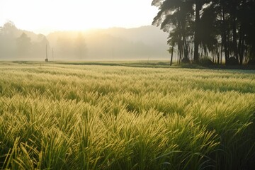 Rice field in the morning sun. Farming with natural ecological vegetables. AI generated.