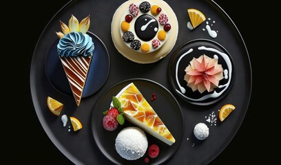  a black plate topped with three different types of desserts.  generative ai