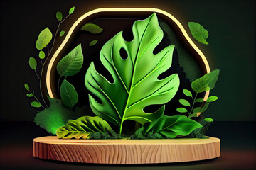 neon wood slice podium and green leaves concept scene stage showcase for new product