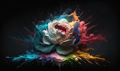  a white rose with a red center surrounded by multicolored paint.  generative ai
