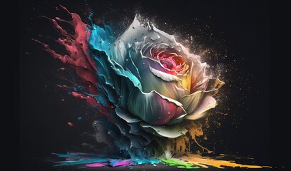  a colorful rose with a splash of paint on it's petals.  generative ai