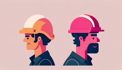 Two men with pink safety helmets. Couple of construction workers following the safe regulations in her workplace. World day for safety and health at work. Ai generated.