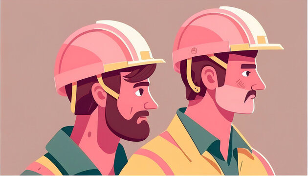Two men with pink safety helmets. Couple of construction workers following the safe regulations in her workplace. World day for safety and health at work. Ai generated.