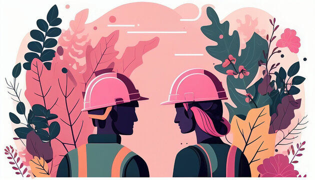 Two men with pink safety helmets. Couple of construction workers following the safe regulations in her workplace. World day for safety and health at work. Ai generated. - Powered by Adobe
