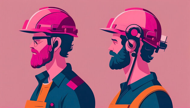 Two men with pink safety helmets. Couple of construction workers following the safe regulations in her workplace. World day for safety and health at work. Ai generated.