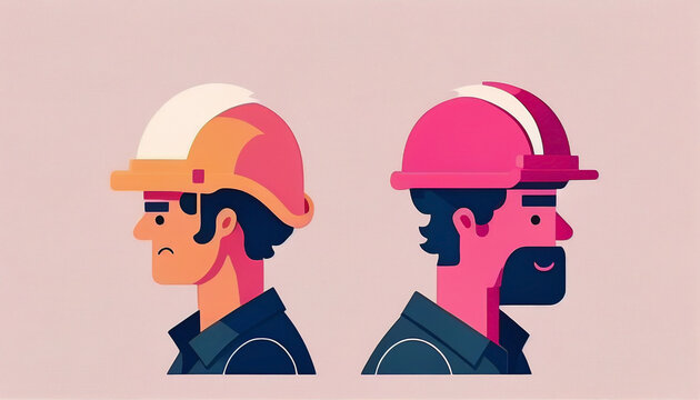 Two men with pink safety helmets. Couple of construction workers following the safe regulations in her workplace. World day for safety and health at work. Ai generated.