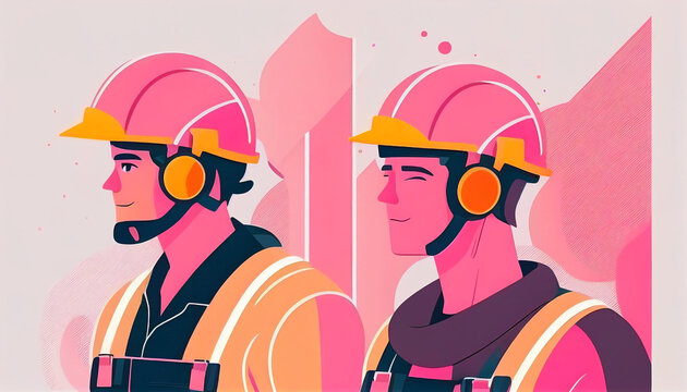 Two men with pink safety helmets. Couple of construction workers following the safe regulations in her workplace. World day for safety and health at work. Ai generated.