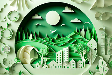 Paper art style , Paper cut of eco city design Green energy concept and environment conservation
