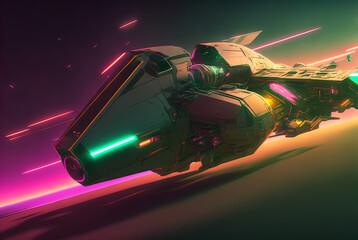 Battle spaceship with neon lights. Futuristic flight in space. Background with sci-fi spacecraft. Generated AI.