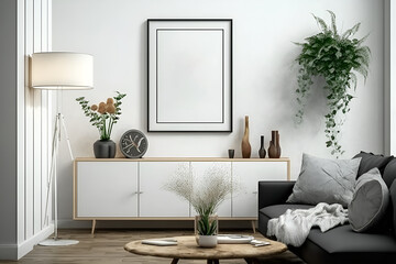 A clean mockup black frame in modern living room