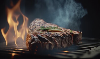  a piece of steak on a grill with flames in the background.  generative ai