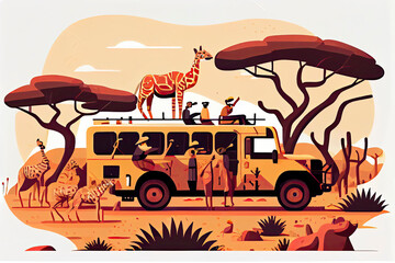 People in safari tour, savanna wild landscape vector illustration. Cartoon group of tourist characters