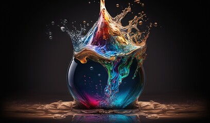  a colorful liquid splashing out of a glass vase on a black background.  generative ai