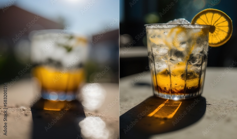 Aufkleber two shots of a drink with ice and a lemon slice. generative ai