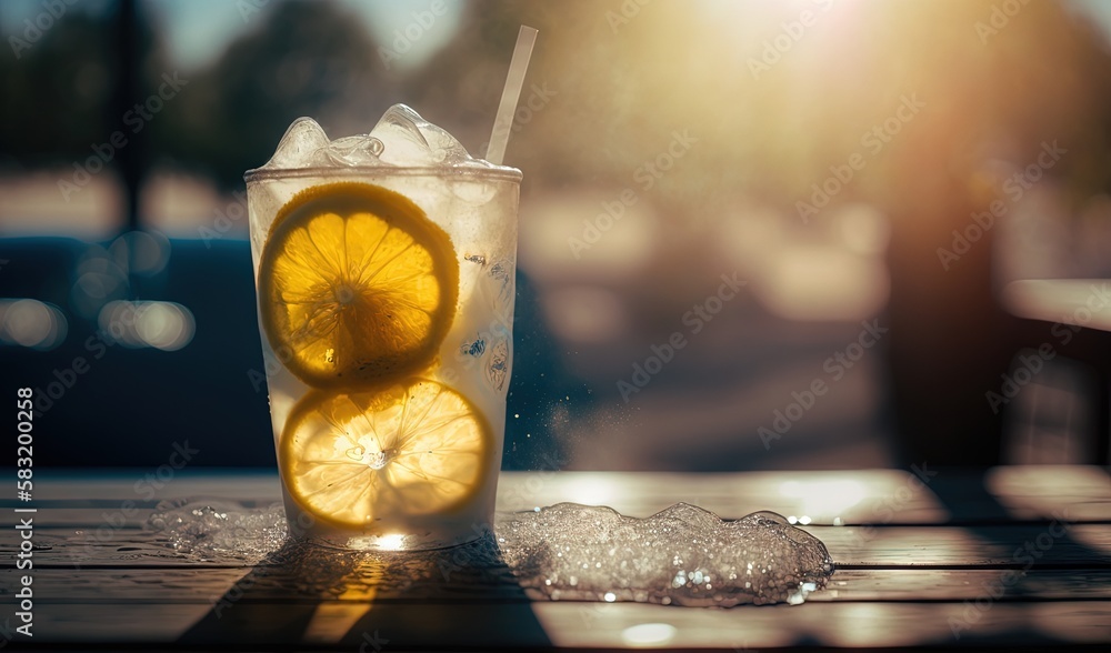 Aufkleber a glass of lemonade with ice and a slice of lemon. generative ai