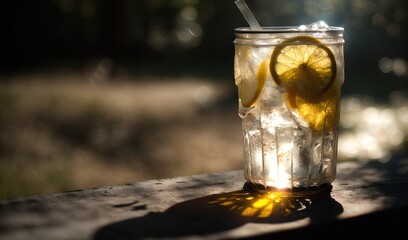  a glass of lemonade with a straw and a slice of lemon.  generative ai
