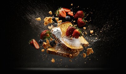 Fototapeta na wymiar a piece of toast with fruit falling out of it on a black background. generative ai