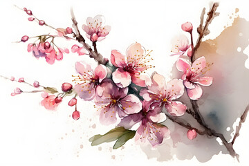Obraz na płótnie Canvas spring pink flowers of Japanese cherry sakura on a white background, watercolor, Generative AI 2