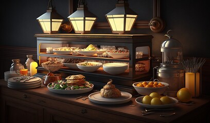  a buffet with a lot of food on the counter and lights on.  generative ai