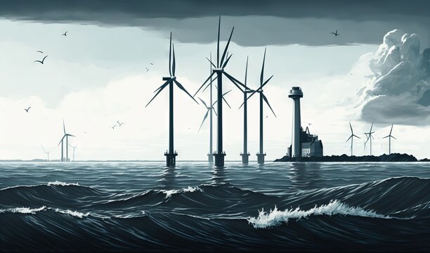  a painting of wind turbines in the ocean with a lighthouse in the distance.  generative ai