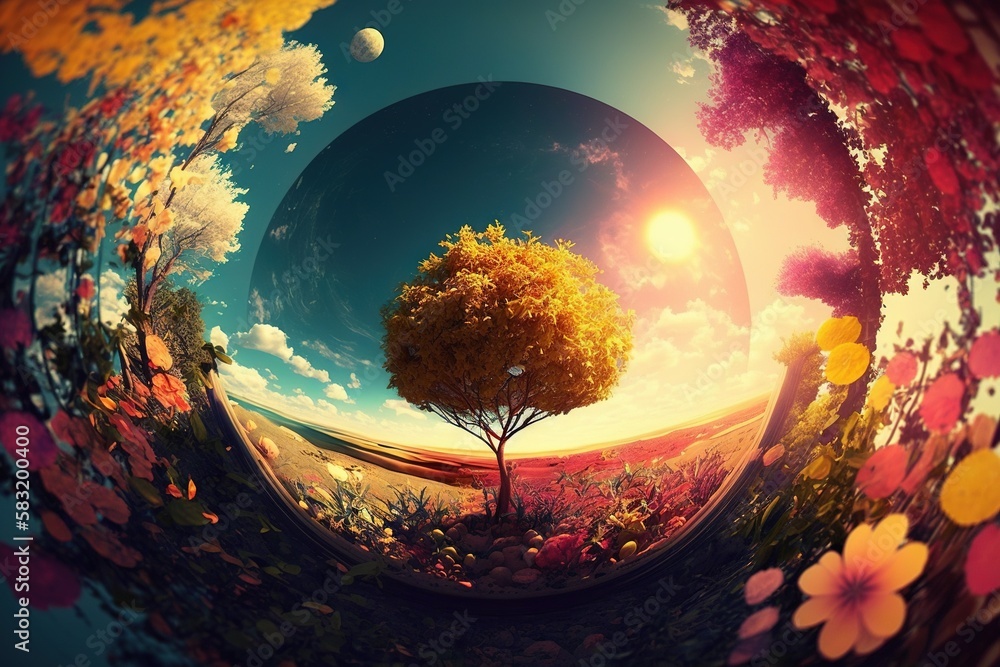 Poster a picture of a tree in the middle of a field. generative ai