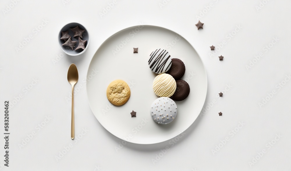 Poster a white plate topped with different types of cookies next to a spoon. generative ai