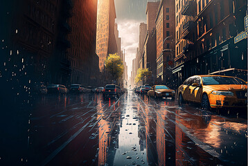 New York street afternoon after rain illustration