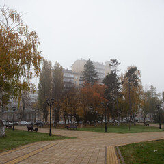 Autumn foggy morning in the city, the city park is a place for walking citizens.
