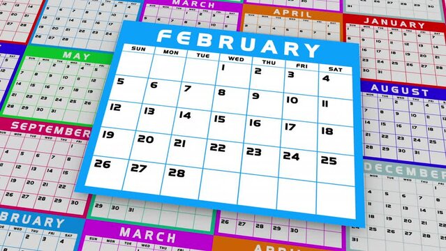 February Second Month Calendar Annual Planner Feb Schedule 3d Animation