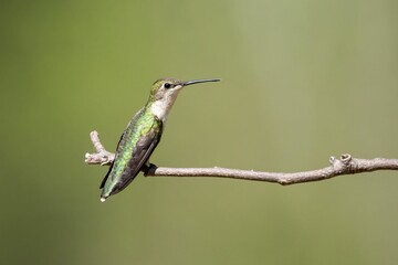Fototapeta na wymiar Macro shot of a Ruby-Throated Hummingbird with a green plumage perched on a branch