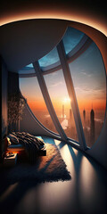 Hotel Room Interior, Sunset Over the city