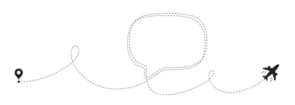 Airplane line path background. Air plane icon with flight route. Travel dash route line, trip flight path. Plane place location, airplane tracker. Dashed line with speech bubble. Vector