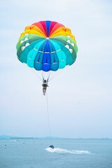 Man parasailing near the coast of the sea, vertical shot